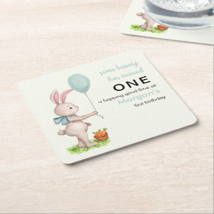 Some Bunny is One Cute Rabbit Balloon 1st Birthday Square Paper Coaster