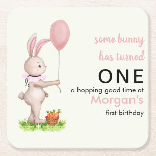 Some Bunny is One Cute Rabbit Balloon 1st Birthday Square Paper Coaster