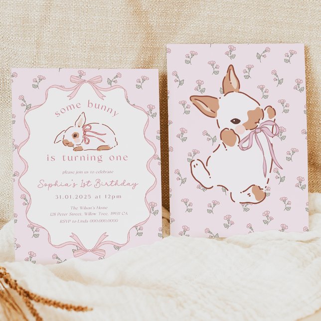 Some Bunny Is One Digital Invitation (Girl Bunny 1st Birthday Invitation)