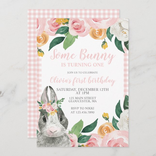 Some Bunny is One Floral First Birthday Invitation (Front/Back)