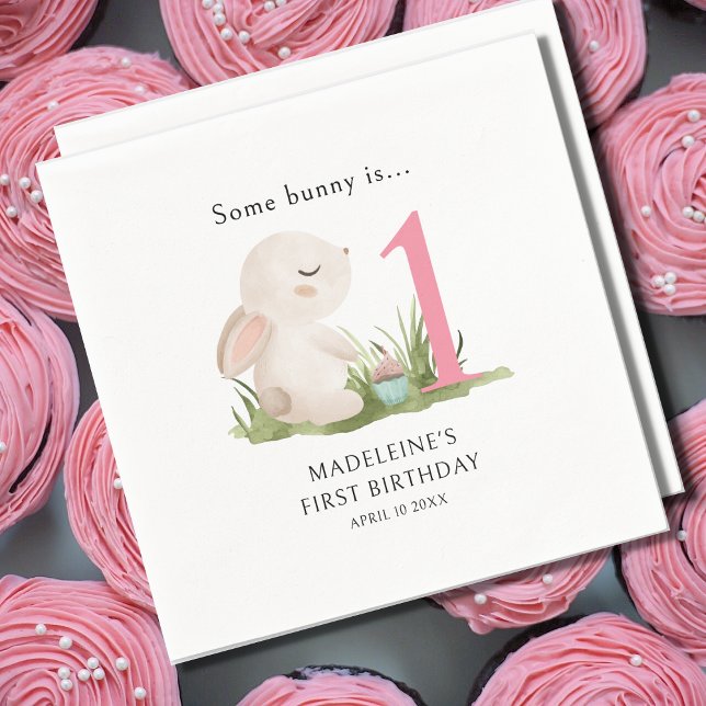 Some Bunny is One Pink 1st Birthday Celebration Napkin (Creator Uploaded)