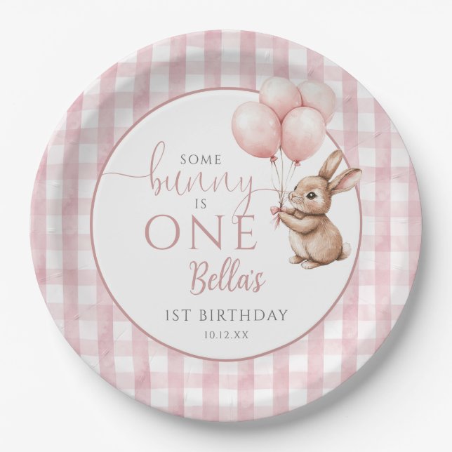 Some Bunny Is One Pink Balloons 1st Birthday Paper Plate (Front)