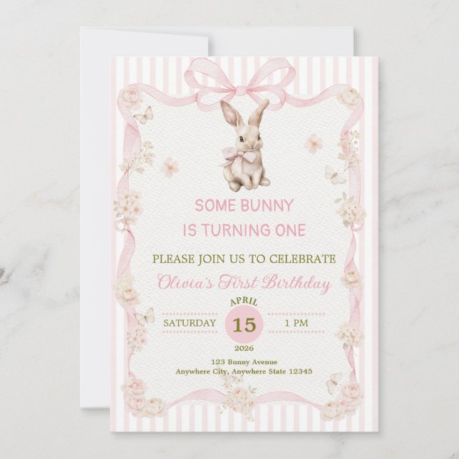 Some Bunny is One: Pink Bow Rabbit First Birthday Invitation (Front)