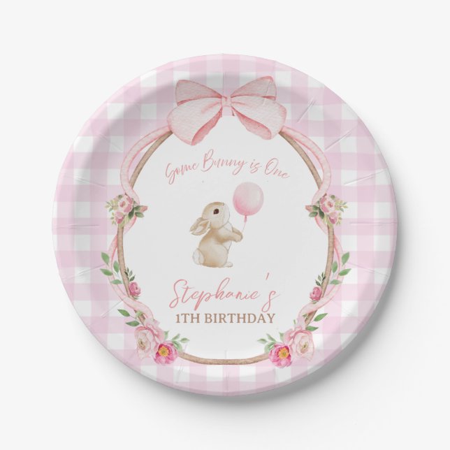 Some Bunny is One Pink Bow Rabbit First Birthday Paper Plate (Front)