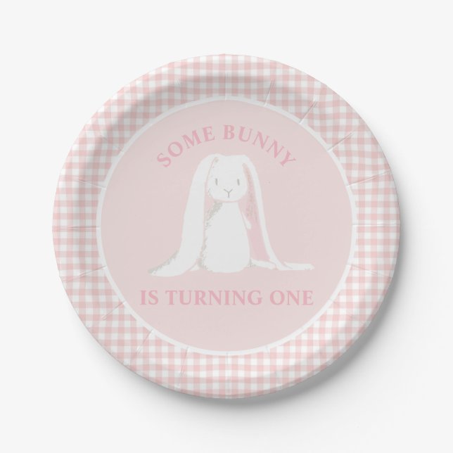 Some Bunny is One Pink Gingham Birthday Paper Plate (Front)
