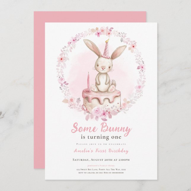 Some Bunny is One Wildflowers Pink Rabbit First Invitation (Front/Back)