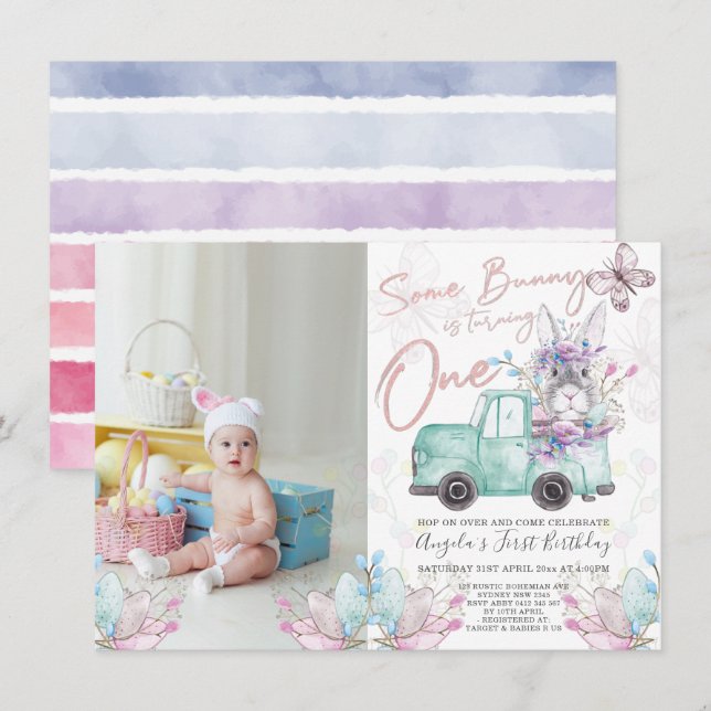 Some Bunny is Turning One Spring Birthday Photo Invitation (Front/Back)