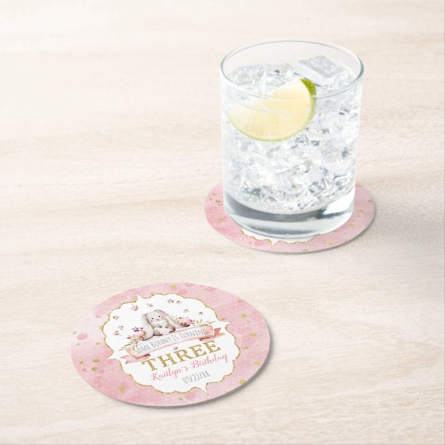 Some Bunny is Turning Three 3rd Birthday Round Paper Coaster (Insitu)