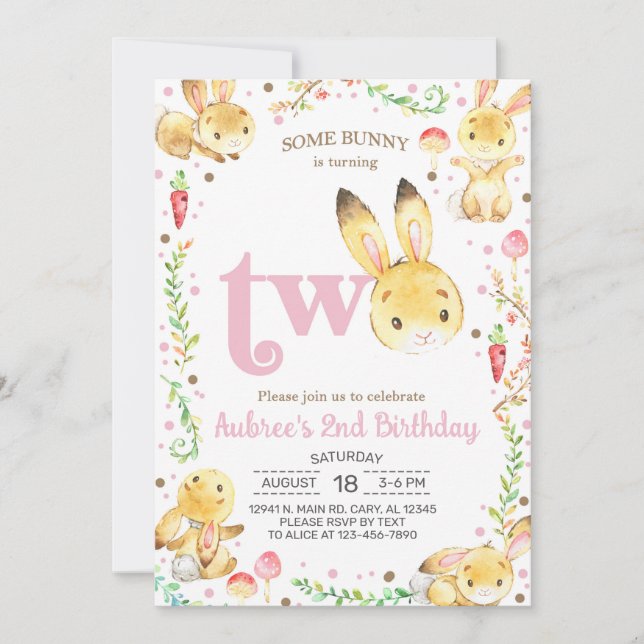 Some bunny is turning two, girl 2nd birthday. invitation (Front)
