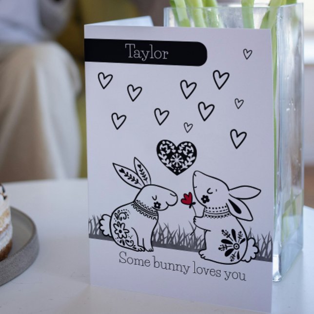 Some Bunny Loves You Rabbit Personalized Valentine Holiday Card (Some Bunny Loves You Rabbit Personalized Valentine Card by Ricaso. Two cute bunnies with flower)