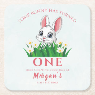 Some Bunny One Cute Rabbit Girls 1st Birthday Square Paper Coaster
