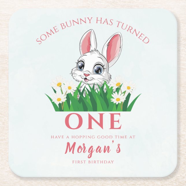 Some Bunny One Cute Rabbit Girls 1st Birthday Square Paper Coaster (Front)