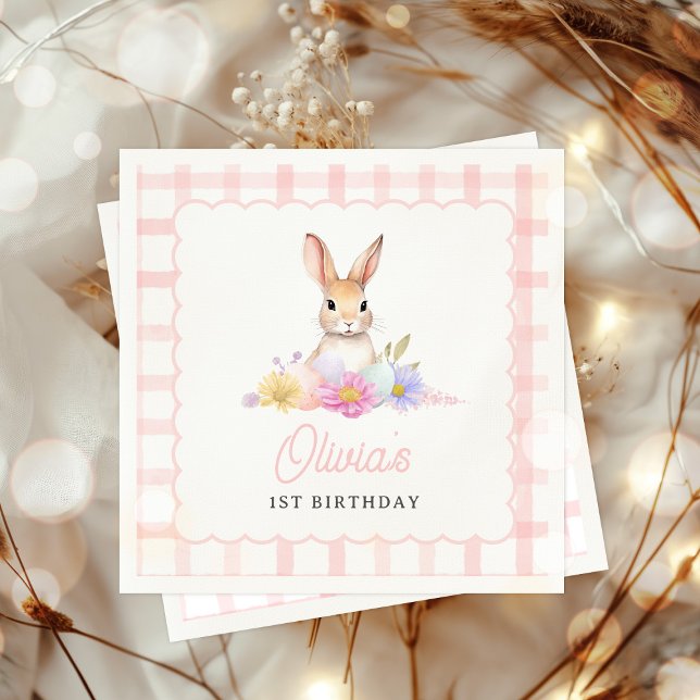 Some Bunny Pastel Spring Pink Gingham 1st Birthday Napkin (Creator Uploaded)
