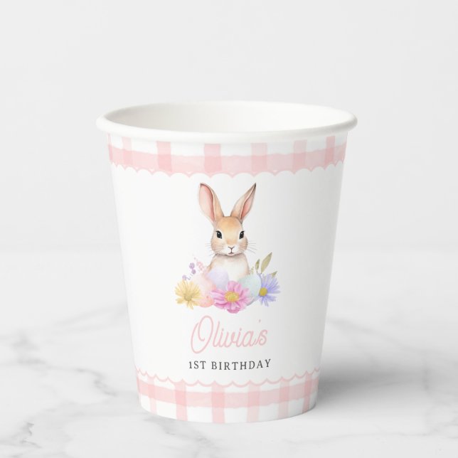 Some Bunny Pastel Spring Pink Gingham 1st Birthday Paper Cups (Front)