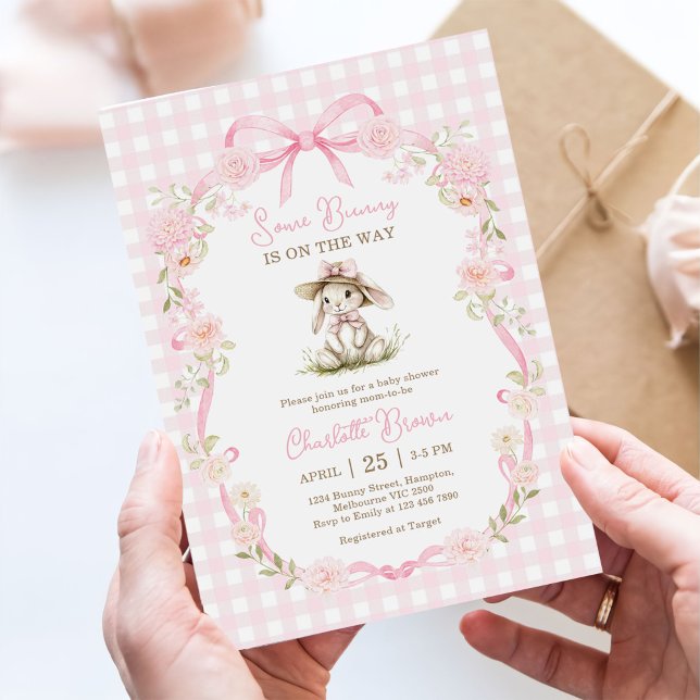 Some Bunny Pink Bow Gingham Baby Shower Invitation (Creator Uploaded)