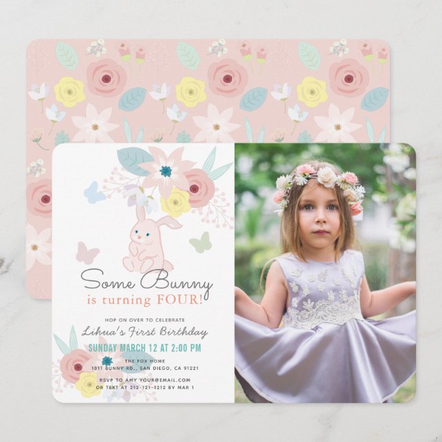 Some Bunny Pink Floral Girl Photo Birthday Invitation (Front/Back)