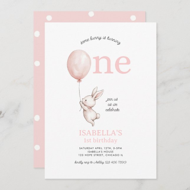 Some Bunny Pink Girl Spring Easter 1st Birthday Invitation (Front/Back)