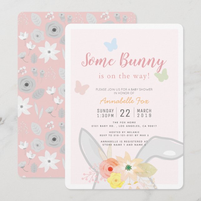 Some Bunny Pink Grey Floral Butterfly Baby Shower Invitation (Front/Back)