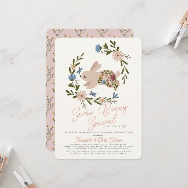 Some Bunny Special Wreath Baby Shower by Mail Invitation (Front/Back In Situ)