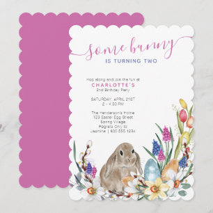 Some Bunny Spring Flowers and Cute Rabbit Birthday Invitation
