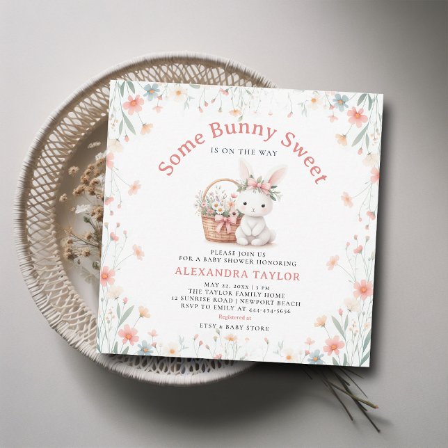 Some Bunny Sweet Wildflowers Picnic Baby Shower Invitation (some bunny sweet baby girl shower invitation springtime picnic easter basket wildflowers pink bow)