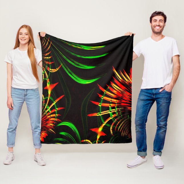 Some grass leaves, fire colours in 'flower petals' fleece blanket (In Situ)