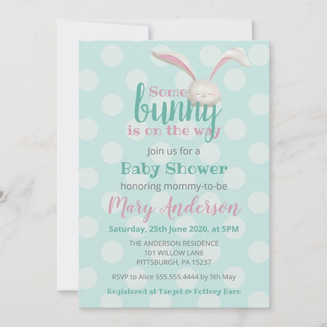 Somebunny is on the way, bunny on mint polca dots invitation (Front)