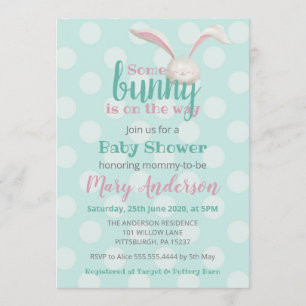 Somebunny is on the way, bunny on mint polca dots invitation