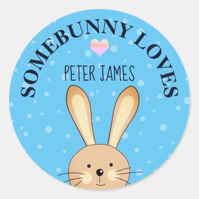 Somebunny Loves You Blue Bunny Round Sticker (Front)