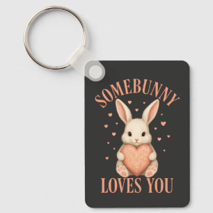 Somebunny Loves You Cute Bunny on Black Background Keychain