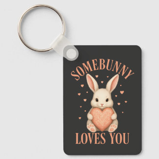 Somebunny Loves You Cute Bunny on Black Background Keychain