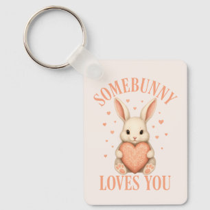 Somebunny Loves You Cute Bunny on Soft Blush Keychain