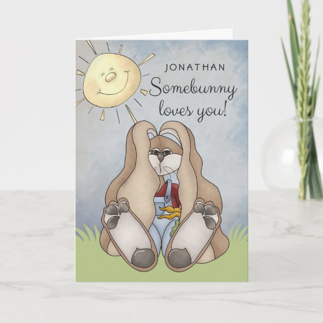 Somebunny Loves You! Easter Bunny Personalized Holiday Card (Front)