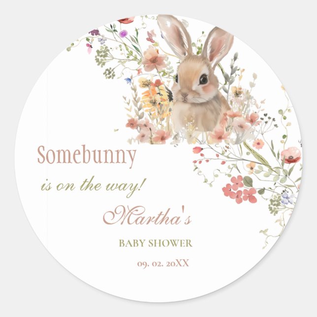 Somebunny on the way Easter Wildflower baby Shower Classic Round Sticker (Front)