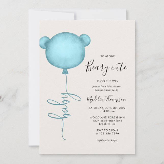 Someone Beary Cute Blue Balloon Baby Shower Invitation (Front)