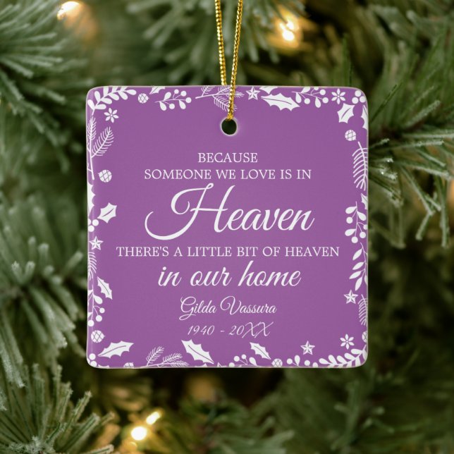Someone In Heaven Winter Greenery Photo Purple Ceramic Ornament (Tree)