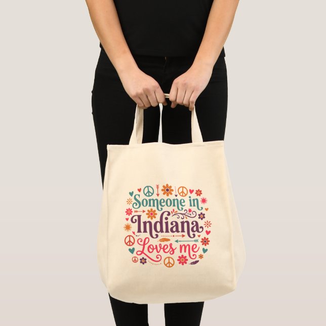 Someone in Indiana Loves Me Boho Hippie Design Tote Bag (Front (Product))