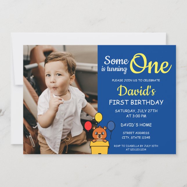 Someone is Turning One Blue Photo 1st Birthday Invitation (Front)