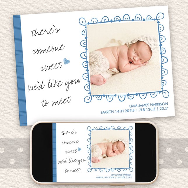 Someone Sweet to Meet 2 Photo Baby Boy Birth Announcement (Framed photo birth announcement with handwritten wording)