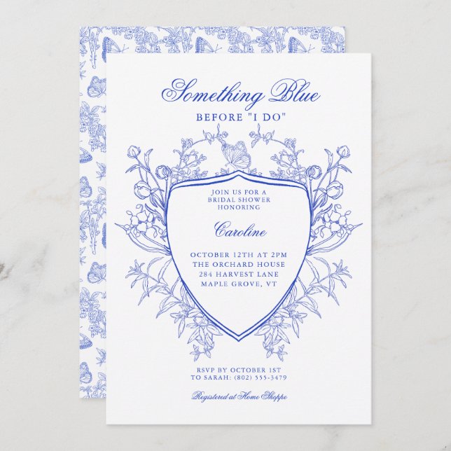Something Blue Before I Do Elegant Floral Crest  Invitation (Front/Back)