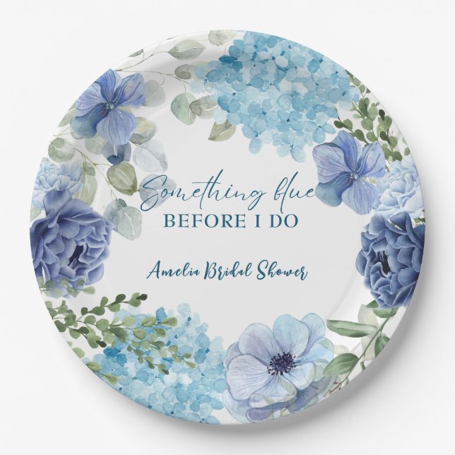 Something blue before i do hydrangea bridal shower paper plate (Front)