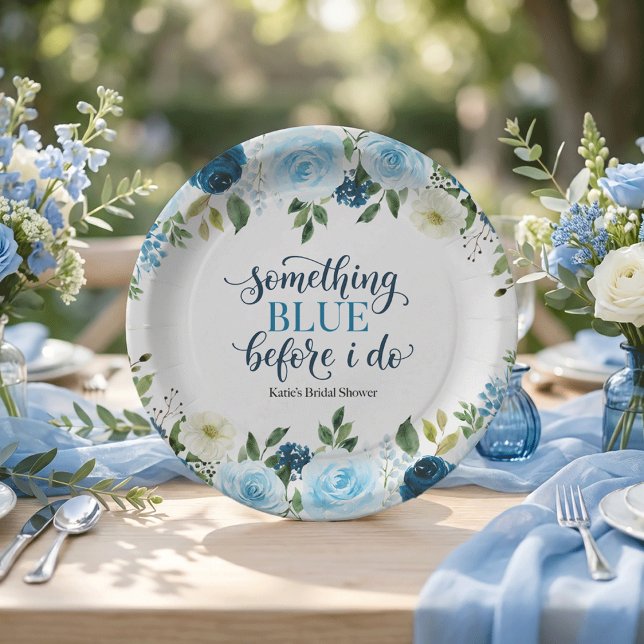 Something Blue Before I Do Navy Floral Bridal Show Paper Plate (Creator Uploaded)