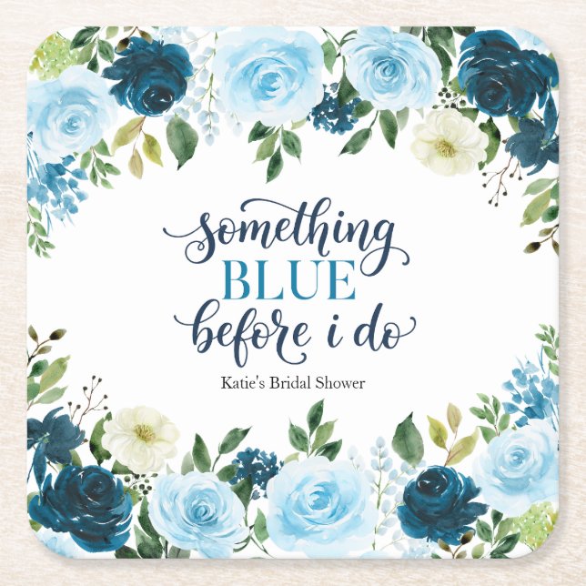 Something Blue Before I Do Navy Floral Bridal Show Square Paper Coaster (Front)