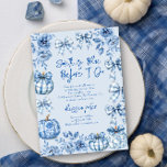 Something Blue before I Do Pumpkin Bridal Shower Invitation<br><div class="desc">Something Blue Before I Do fall bridal shower invitation with pumpkins, bows and flowers in blue and white chinoiserie, toile de jouy and gingham plaid. Lettered with handwritten script, the design is perfect for fall bridal shower, halloween bridal shower bow bridal shower, pumpkin bridal shower and, of course, a something...</div>