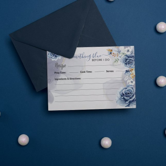 Something Blue Before I Do Recipe  Enclosure Card (Something Blue Before I Do Recipe Enclosure Card bridal shower wedding blue theme floral elegant )