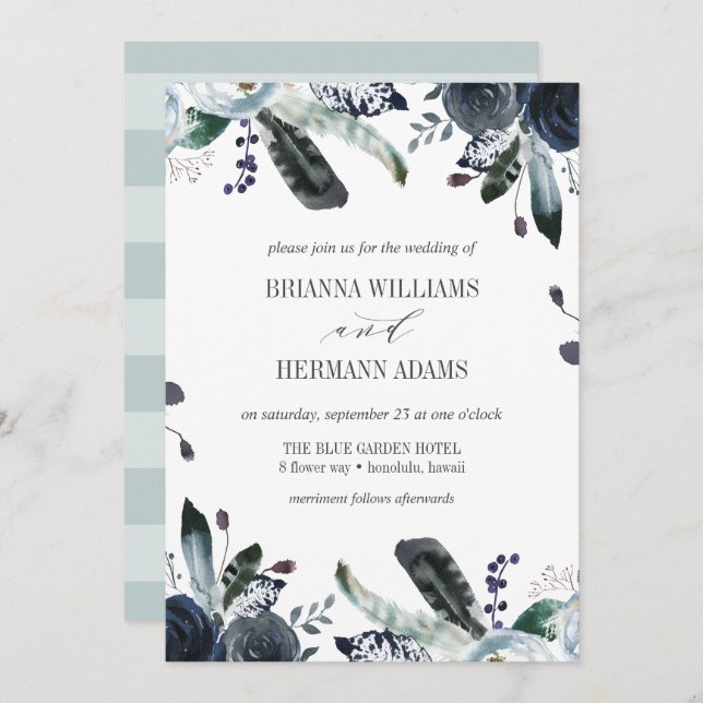 Something Blue | Boho Chic Botanical wedding Invitation (Front/Back)
