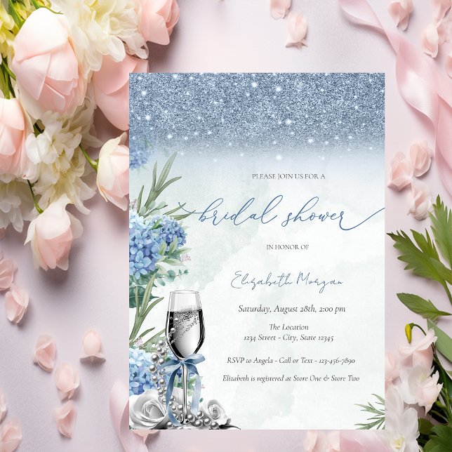 Something Blue Bow Glitter Champagne Hydrangea Invitation (Creator Uploaded)