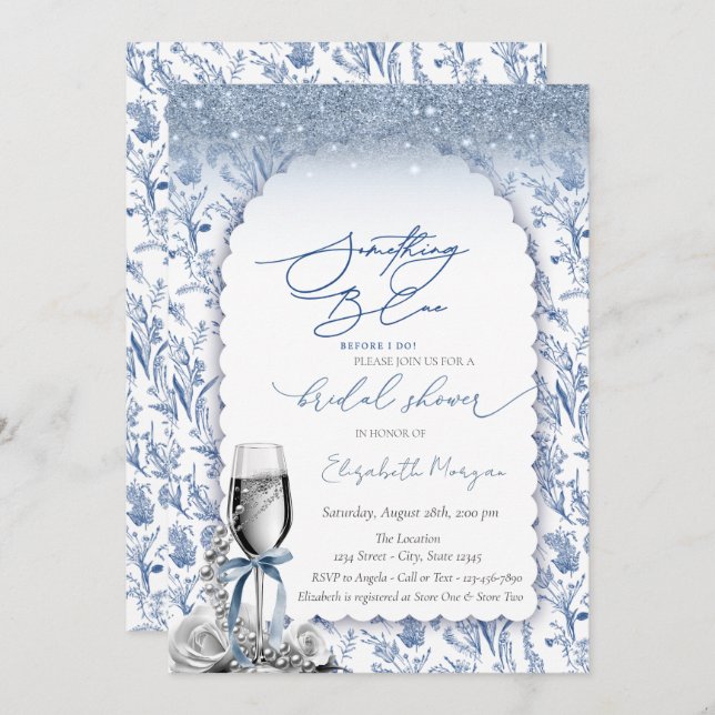 Something Blue Bow Glitter Champagne Wildflower Invitation (Front/Back)