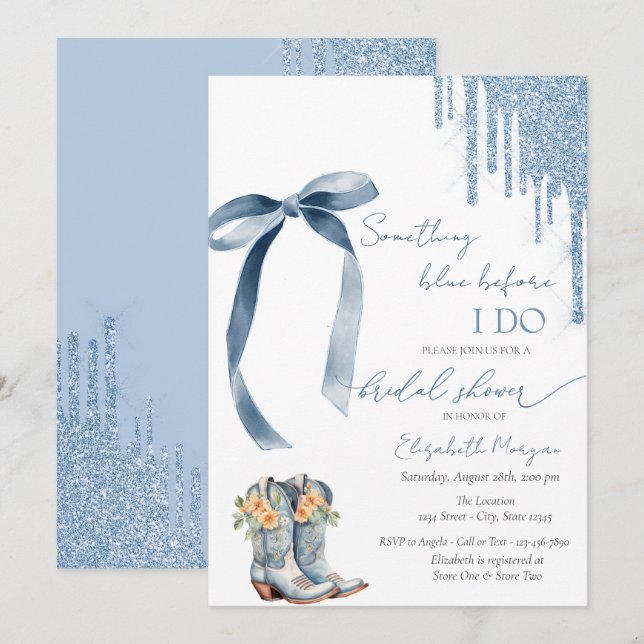 Something Blue Bow Glitter Drips Cowboy Boots Invitation (Front/Back)