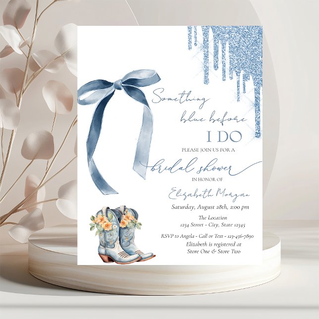 Something Blue Bow Glitter Drips Cowboy Boots Invitation (Creator Uploaded)